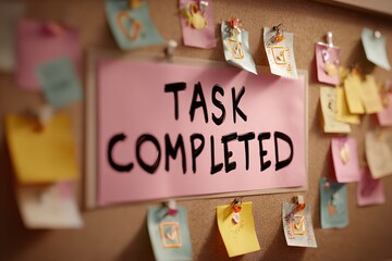 Brightly colored notes on a wall celebrate the completion of tasks in a lively workspace filled with creativity