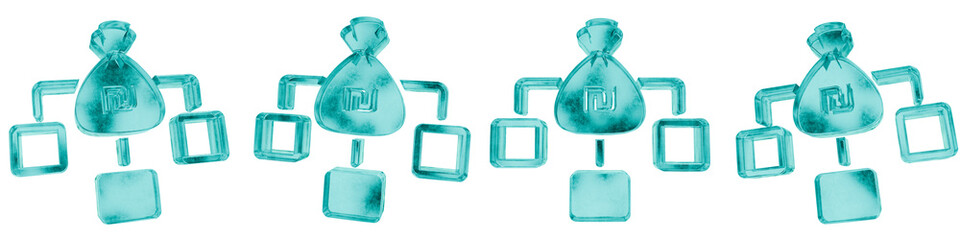 Obraz premium Set of four 3D israeli shekel income distribution shapes in frosted blue ice glass style, isolated on a transparent background. Glassmorphism icons and 3D elements for modern graphic design.