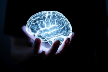 Abstract 3D blue x-ray scan of the human brain inside a head or skull, illustrating medical science and intelligence