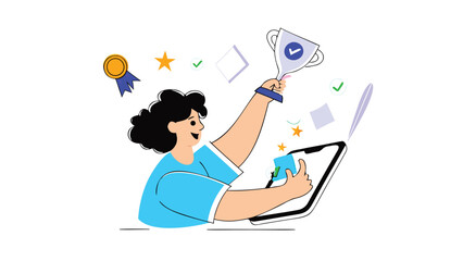 Woman celebrating online success holding a trophy and interacting with a smartphone displaying a verified achievement