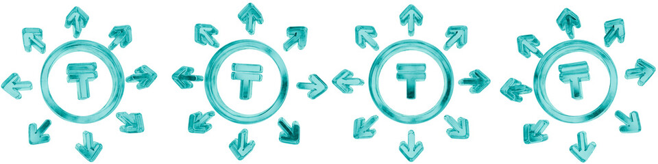 Set of four 3D kazakhstani tenge investment diversification shapes in frosted blue ice glass style, isolated on a transparent background. Glassmorphism icons and 3D elements for modern graphic design.
