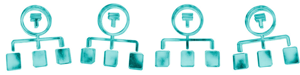 Set of four 3D kazakhstani tenge money allocation shapes in frosted blue ice glass style, isolated on a transparent background. Glassmorphism icons and 3D elements for modern graphic design.