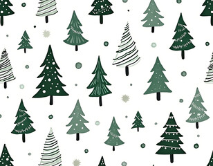 Obraz premium Seamless pattern of various green christmas trees and dots, isolated on white background