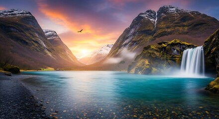 Discover the stunning beauty of Iceland's majestic mountains, vibrant waterfalls, and serene turquoise waters at sunset for your next travel campaign