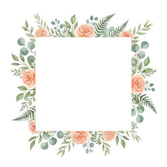 Watercolor square frame with peach roses and greenery isolated on transparent background