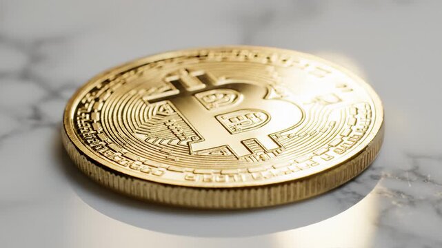 Close Up Golden Bitcoin Coin on Marble Surface, Macro Shot