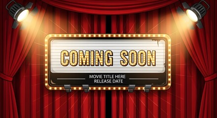Red velvet theater stage curtain with illuminated retro marquee sign reading COMING SOON promotion