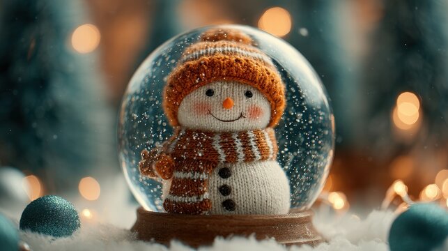 Charming knitted snowman in a festive snow globe, surrounded by soft bokeh lights and winter decorations, creating a cozy holiday atmosphere