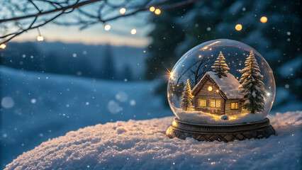 Cozy illuminated snow globe with cabin on snowy surface at dusk