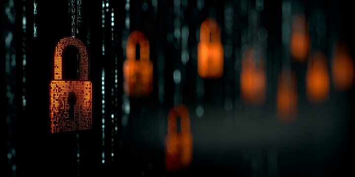 A digitally rendered padlock glows amidst falling binary code, representing cybersecurity and data protection in a virtual environment.