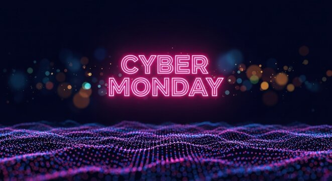 Vibrant neon Cyber Monday promotion digital tech