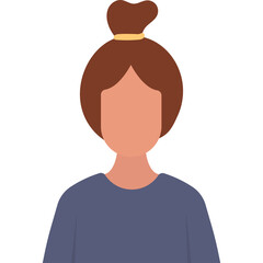 Flat Design Icon of a Woman with Brown Hair in a Messy Bun Wearing a Blue Crew Neck T Shirt Against a Transparent Background Ideal for User Profiles and Avatars