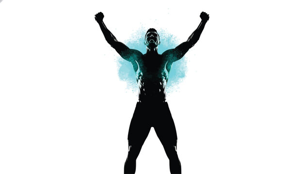 Silhouette of a muscular man with arms raised in victory a symbol of success and achievement isolated on white