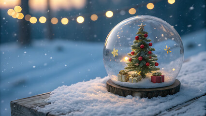 Christmas snow globe with tree and lights on snowy surface