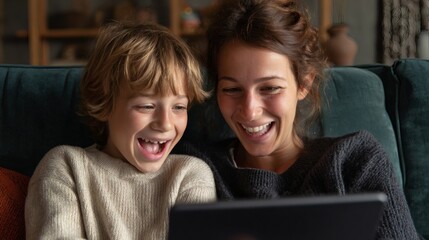 Joyful Moment Between Child and Mother Watching Tablet Together