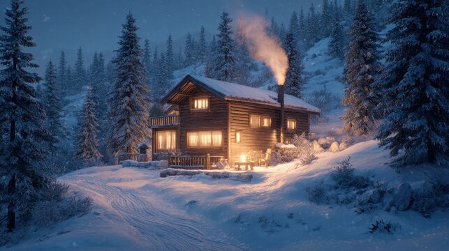 Cozy wooden cabin with glowing windows and smoke, nestled in a serene, snowcovered winter forest at night