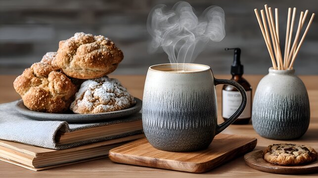 Morning coffee steams gently next to fresh baked scones and a warm chocolate chip cookie in a cozy and inviting rustic kitchen setting.