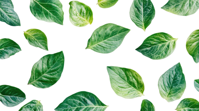 Fresh culantro leaves falling in scattered arrangement showing vibrant green color and detailed serrated herbal texture captured clearly isolated on white background