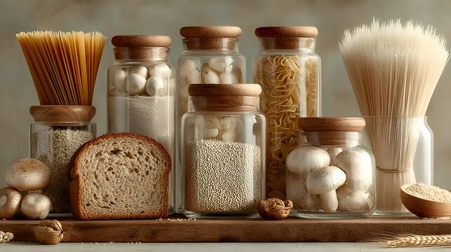 An array of pasta types, grains, mushrooms, and bread are beautifully displayed in glass jars on a wooden surface for a healthy eating concept.