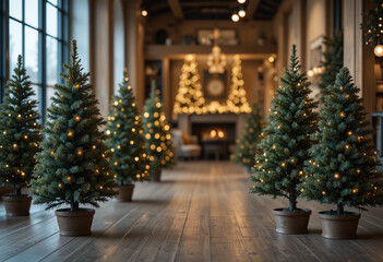 Small spruce trees with Christmas lights and other decor indoors. Space for text. 3d rendering.