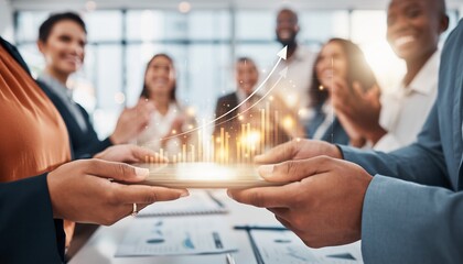 Diverse business people collaborating on a tablet displaying a glowing growth graph in a modern office meeting, concept for financial success, digital innovation and team collaboration