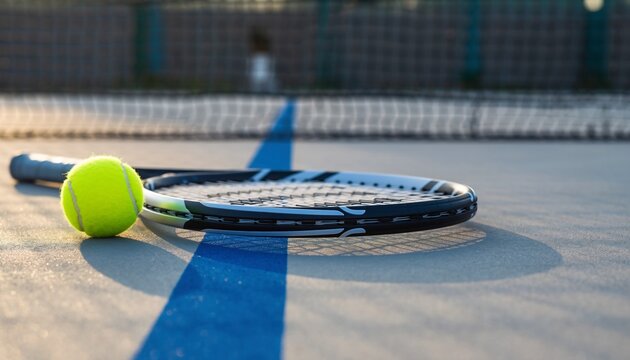 A vibrant tennis ball and racket resting on a sunlit court with a blue line, concept for sports equipment, fitness advertising and active lifestyle