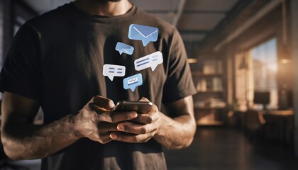 Person engaged with smartphone receiving vibrant digital message icons in a modern office, concept for digital communication, social media marketing and business connectivity.