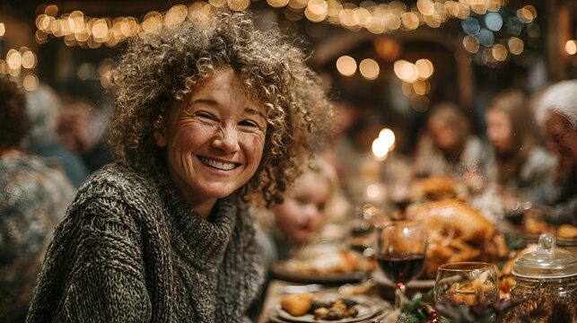 A cheerful woman with curly hair smiles at the camera du a festive holiday dinner with family and friends in a warm, cozy setting.