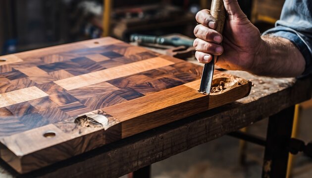 Skilled hand carving a beautiful end-grain wooden cutting board with a sharp chisel in a rustic workshop, concept for woodworking, craftsmanship and DIY projects.