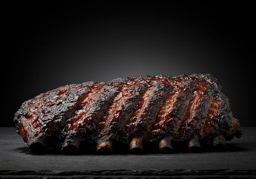Dark, caramelized barbecue meat showcasing a crispy, slightly burnt exterior that locks in rich, smoky, and intensely savory flavors ,savory ,burnt tasty ,crust