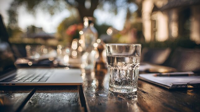Refreshing glass of water sits on a rustic wooden table alongside a laptop and notepad in a peaceful outdoor setting on a sunny day.