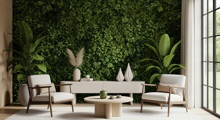 Interior living space with a lush green living wall minimalist white armchairs a wooden coffee table with decorative objects and natural light streaming through a large window creating a