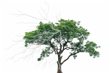 Nature's Embrace: A vibrant tree stands tall, its lush green foliage contrasting with the bare branches, a symbol of resilience and the cyclical nature of life.