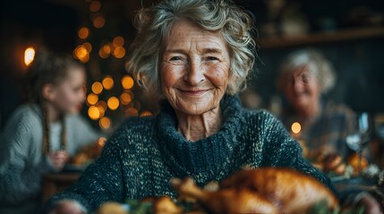 A smiling elderly woman with wrinkled skin celebrates a warm holiday meal with family members in a cozy and festive decorated home setting.