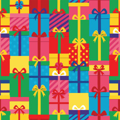 Pattern Vector Seamless Festive Gift Boxes with Colorful Ribbons Bows Stripes and Polka Dots Bright Cheerful Design