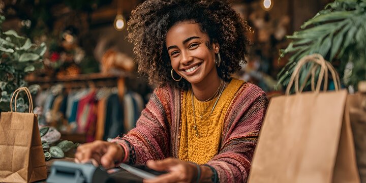 A happy young woman with curly hair processes a purchase on a card reader at a cozy boutique, smiling brightly at the customer.