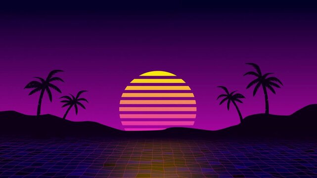 Abstract 80s synthwave background loop animation featuring a stylized neon striped sun descending over a digital water grid and palm tree silhouettes against a purple sky. Perfect retro backdrop. - Powered by Adobe