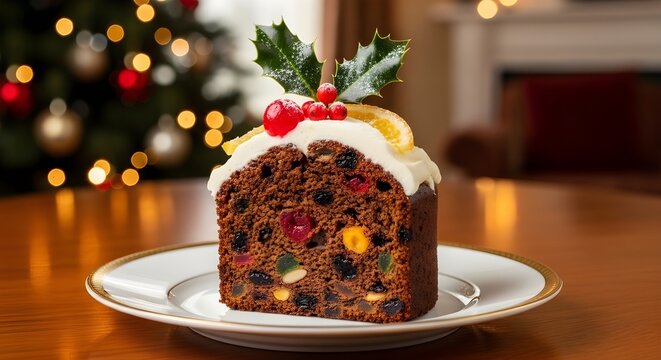 Slice of traditional Christmas fruitcake decorated with holly and icing on a festive holiday background with bokeh lights. - Powered by Adobe