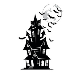 A gothic mansion silhouette against a full moon, with bats flying through the night, creating a spooky halloween scene.