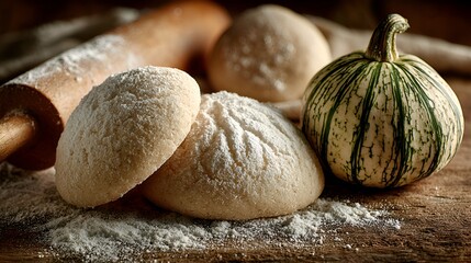 Soft homemade cookies with powdered sugar rest near a small pumpkin and wooden rolling pin on rustic wood surface for a holiday baking scene.