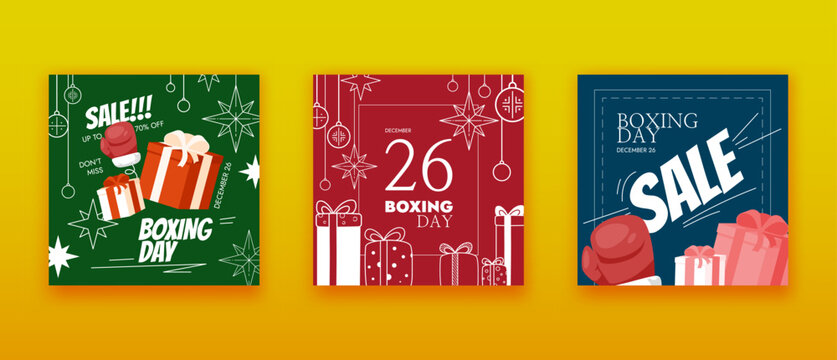 Boxing day vector square banners set. Bright holiday sale announcement template. Cute Christmas design. Many ornaments, gift boxes icons, big red mitten. Festive social media post. Funny simple design