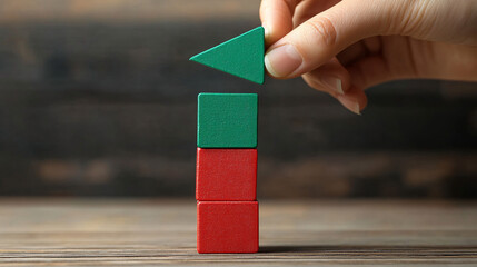 Hand carefully placing green triangle block atop tower of red and green cubes, symbolizing growth, success, and strategic planning forward
