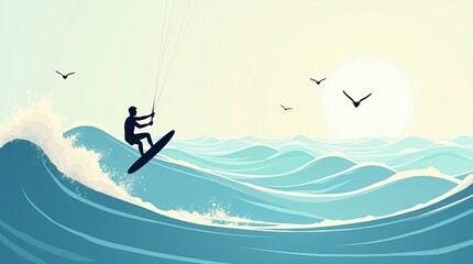 Silhouette of a surfer riding a large wave with birds flying overhead