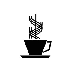 A minimalist black silhouette icon depicts a steaming hot beverage cup on a saucer, symbolizing warmth, comfort, and a relaxing break.
