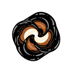 An abstract graphic illustration featuring a glossy, swirling pattern in rich black, warm brown, and creamy white tones, perfect for modern design projects.