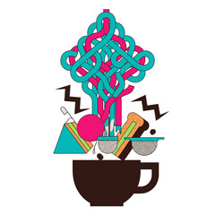 A vibrant abstract illustration captures creative inspiration, with colorful lines, tea, and snack elements dynamically emerging from a coffee cup, symbolizing innovation.