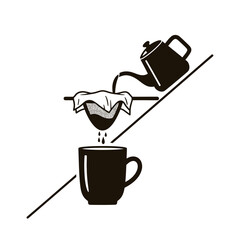 This elegant black and white illustration captures the manual pour-over coffee brewing process, with a kettle pouring into a filter, dripping into a mug.