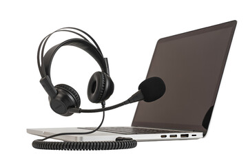 Laptop with headset and microphone isolated on transparent background
