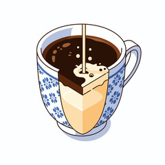 A captivating isometric illustration reveals a cross-section of a patterned cup, showcasing distinct layers of dark coffee and creamy dairy being poured.