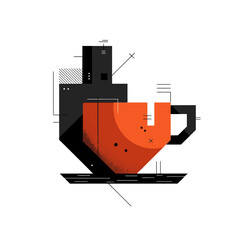This modern, abstract illustration features a minimalist orange and black coffee cup with geometric elements, evoking a contemporary digital aesthetic.